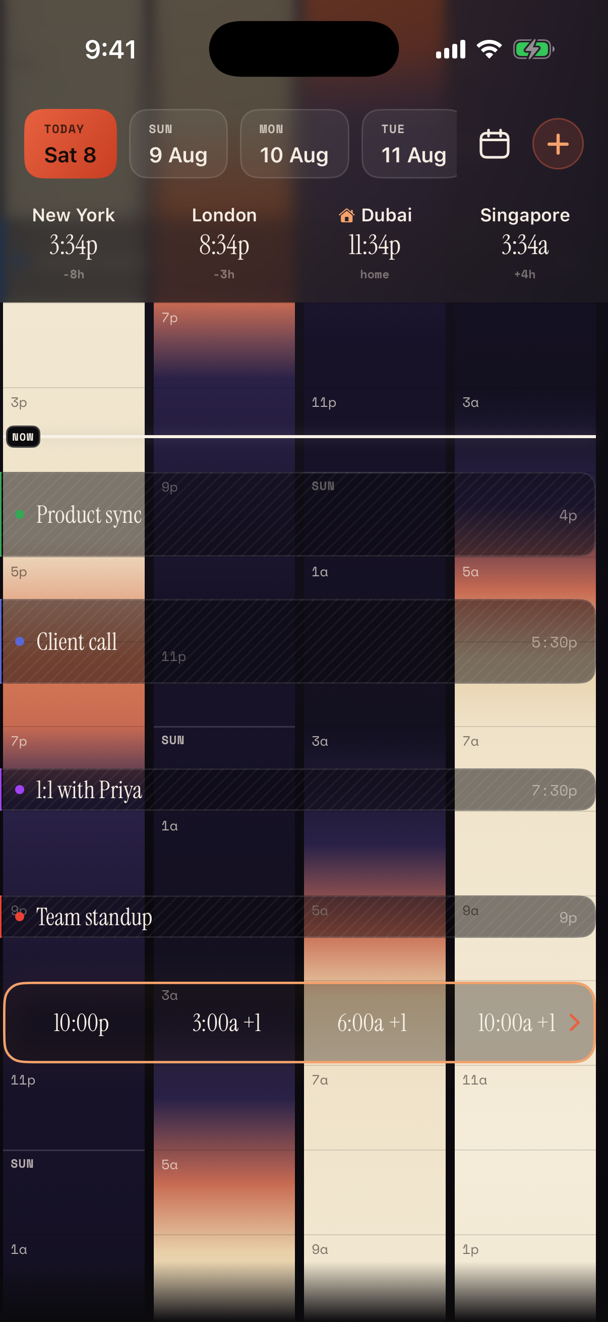 WorldTimeFinder on iPhone showing the timeline for New York, London, Dubai, and Singapore