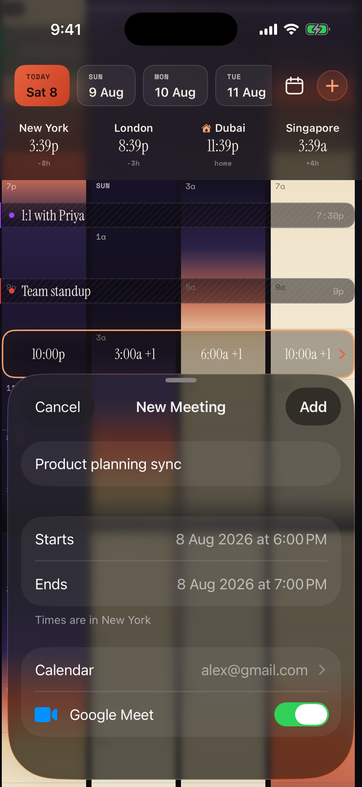 WorldTimeFinder on iPhone scheduling a meeting across time zones