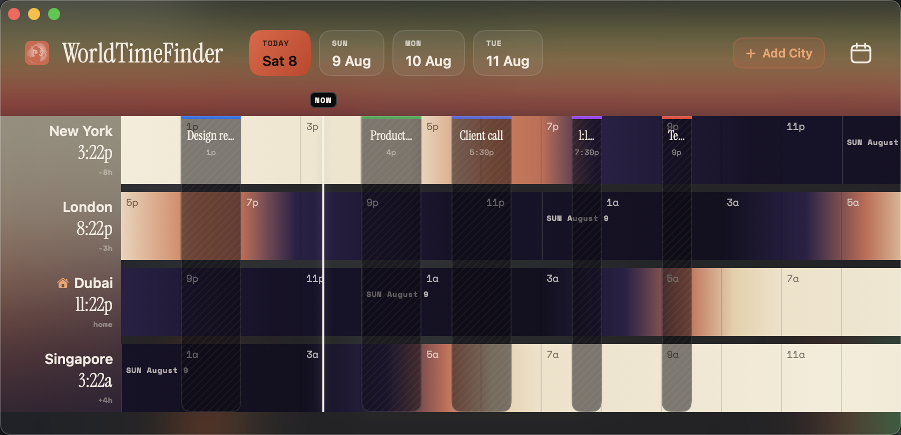 WorldTimeFinder for Mac showing New York, London, Dubai, and Singapore across a horizontal timeline