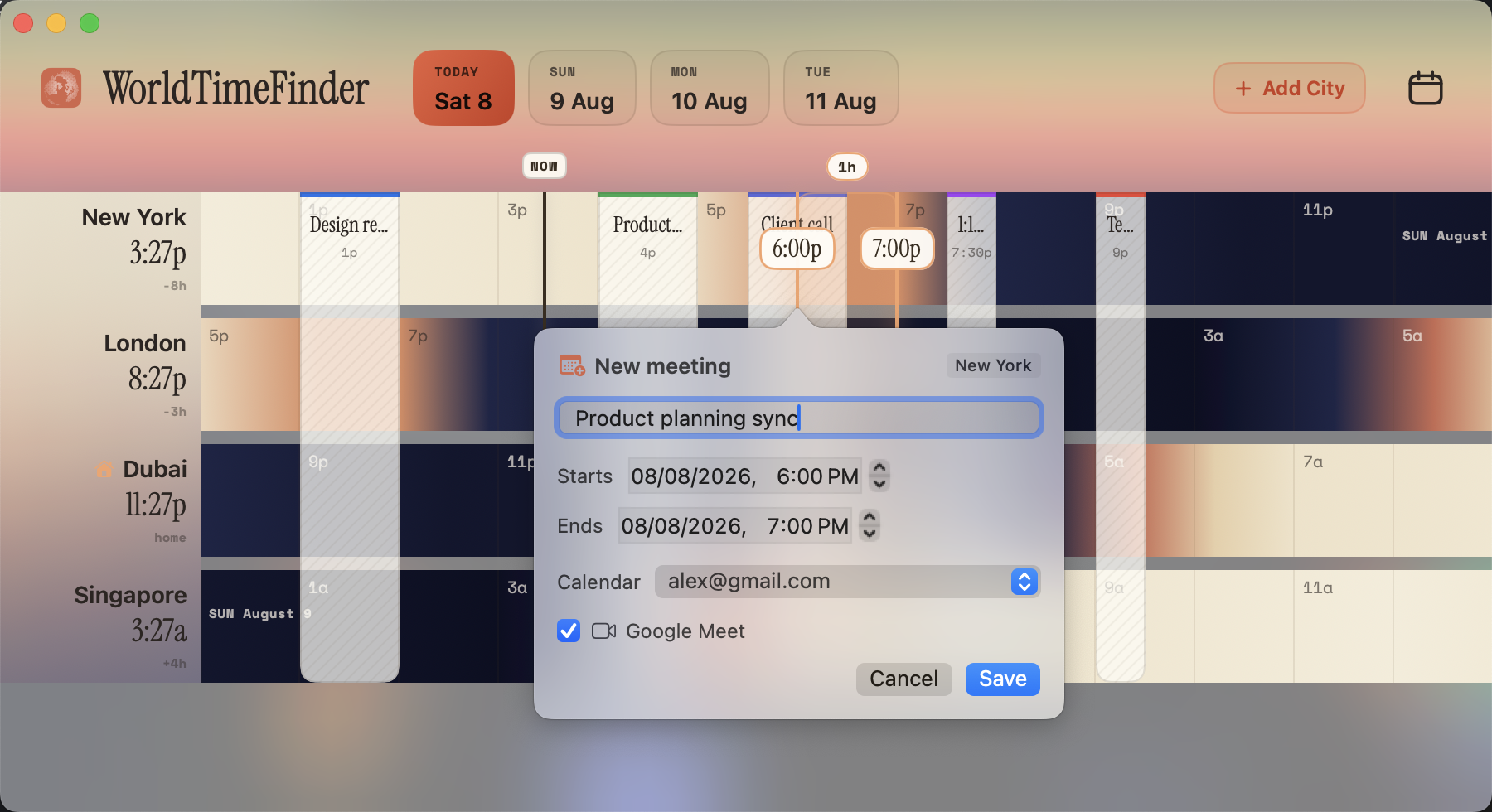 WorldTimeFinder for Mac scheduling a meeting with a Google Meet link over the timeline