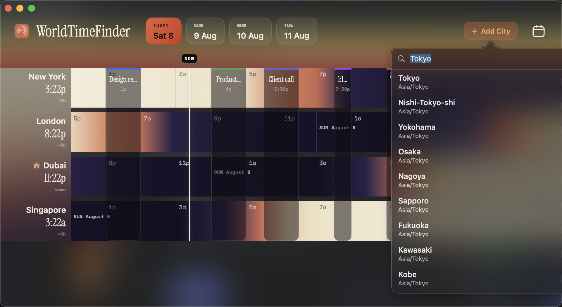 WorldTimeFinder for Mac with the city search popover open
